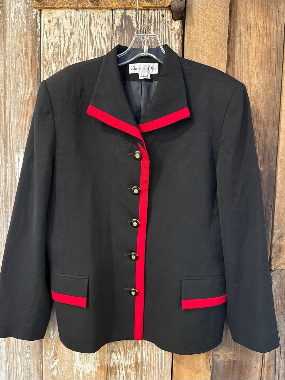 VINTAGE CHRISTIAN DIOR RED TRIM STATEMENT BUTTON BLAZER 14